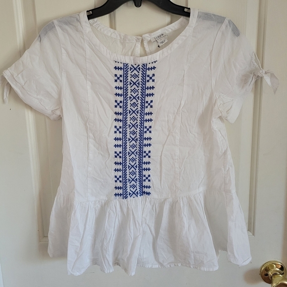 J. Crew Women's White Blouse Boho Embroidered Peplum Short Sleeve Keyhole Size 2 - Picture 1 of 6